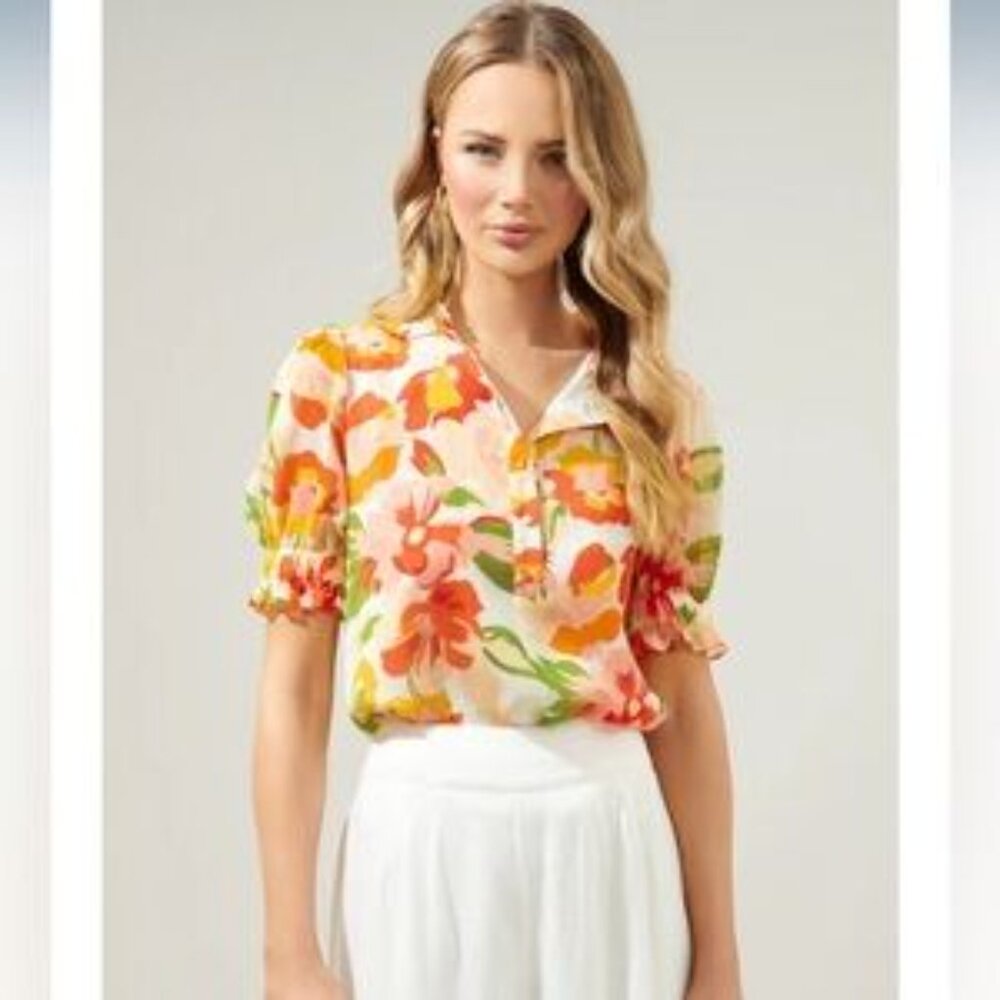 Sugarlips Kailua Floral Tailwind Half Button Front Blouse S